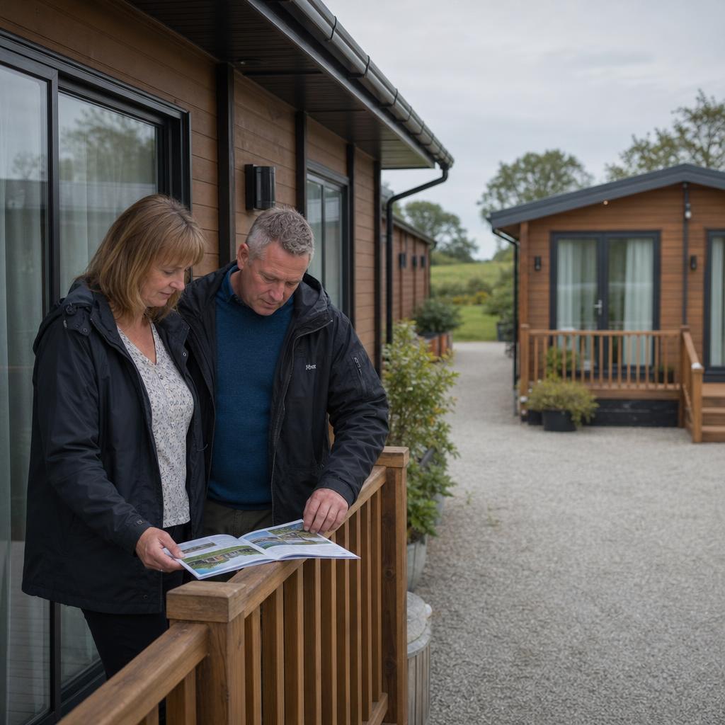 Couple reading lodge sales brochure on park porch