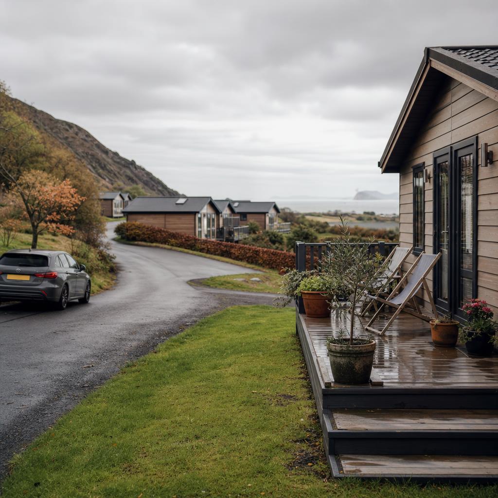 Modern lodges near a coastal road in Wales