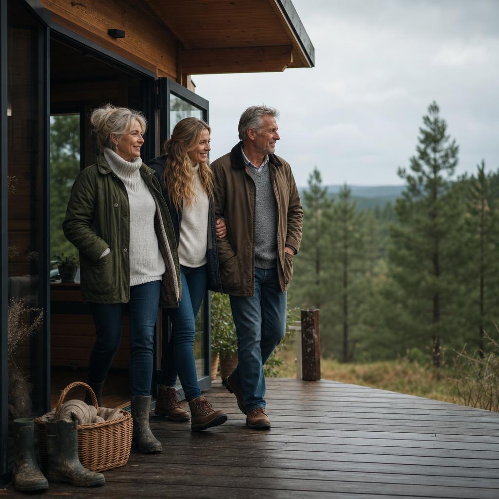 Family outside a luxury lodge overlooking a valley