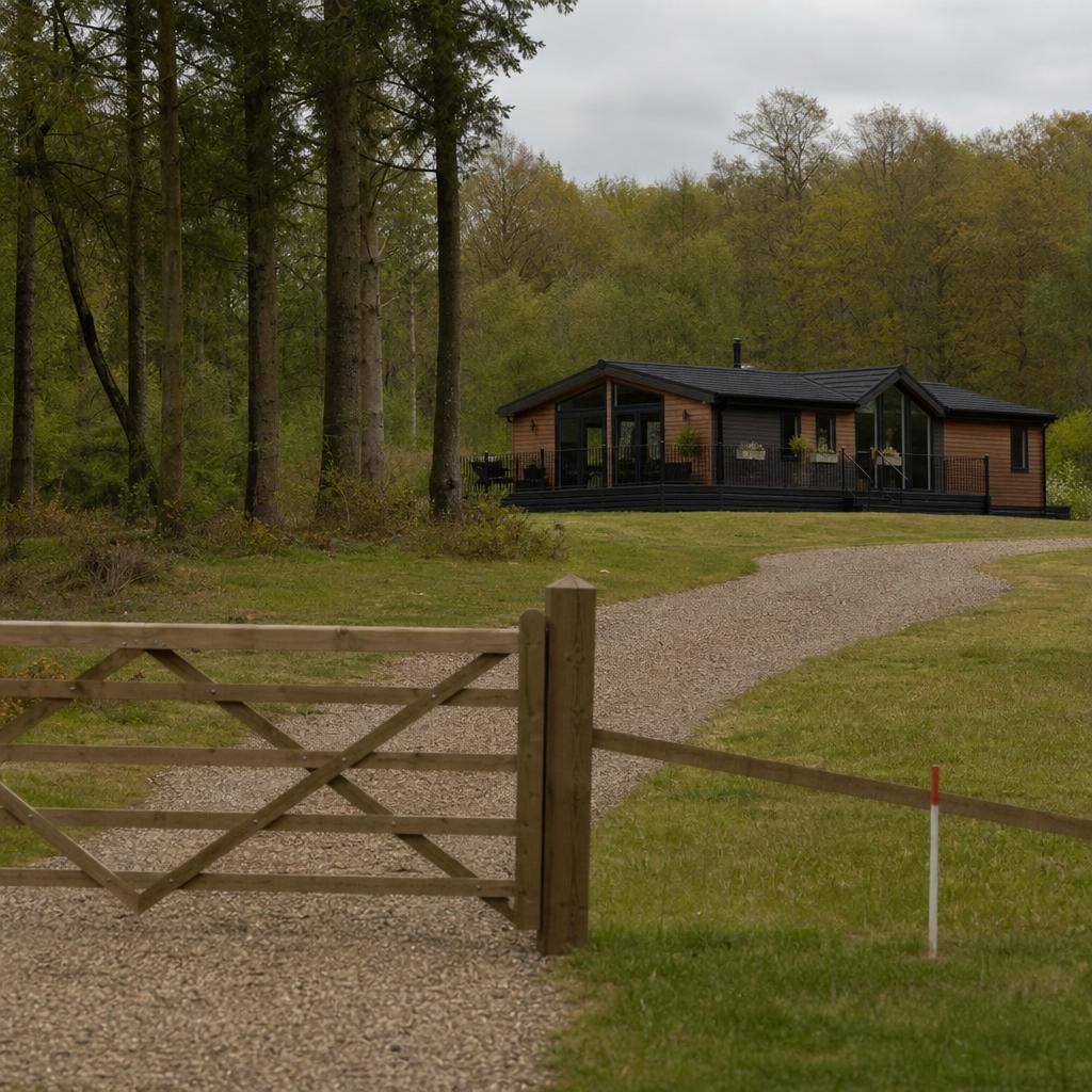 Luxury lodge on private land beside woodland
