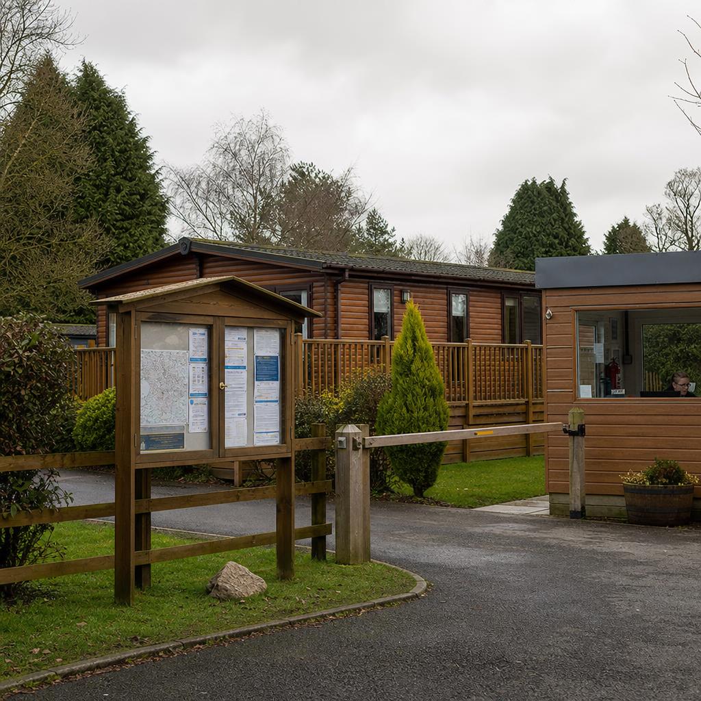 Holiday lodge park entrance with site notice board