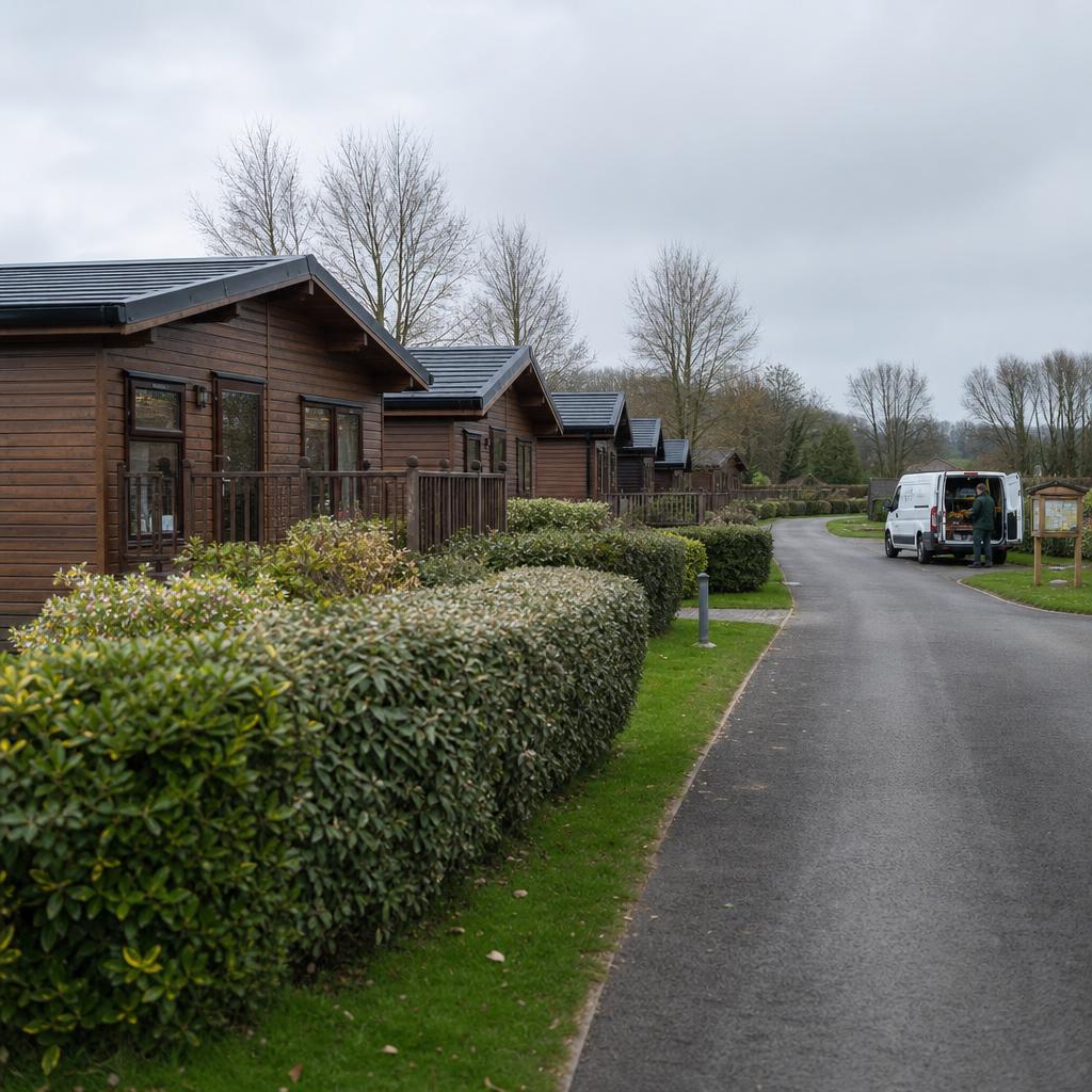 Holiday lodges beside landscaped park road and hedge