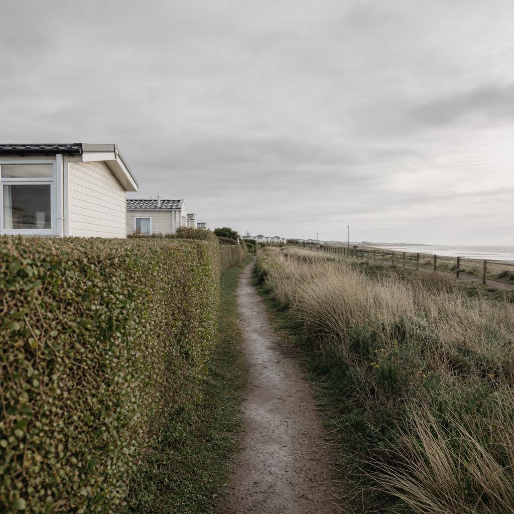 Holiday park countryside path beside coastal dunes
