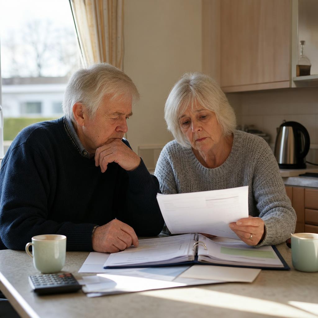Couple reviewing park home bills and site agreement