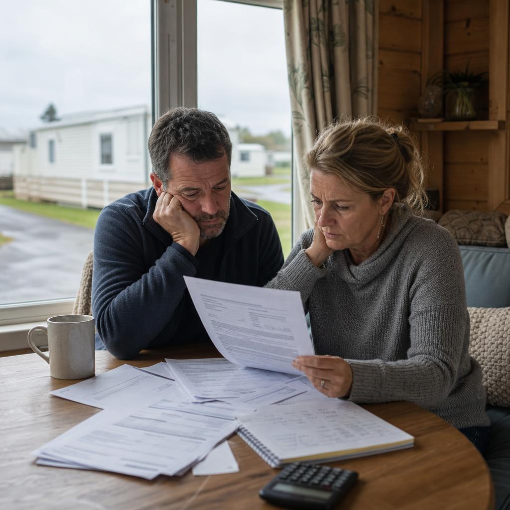 Couple reviewing lodge costs and site fee paperwork