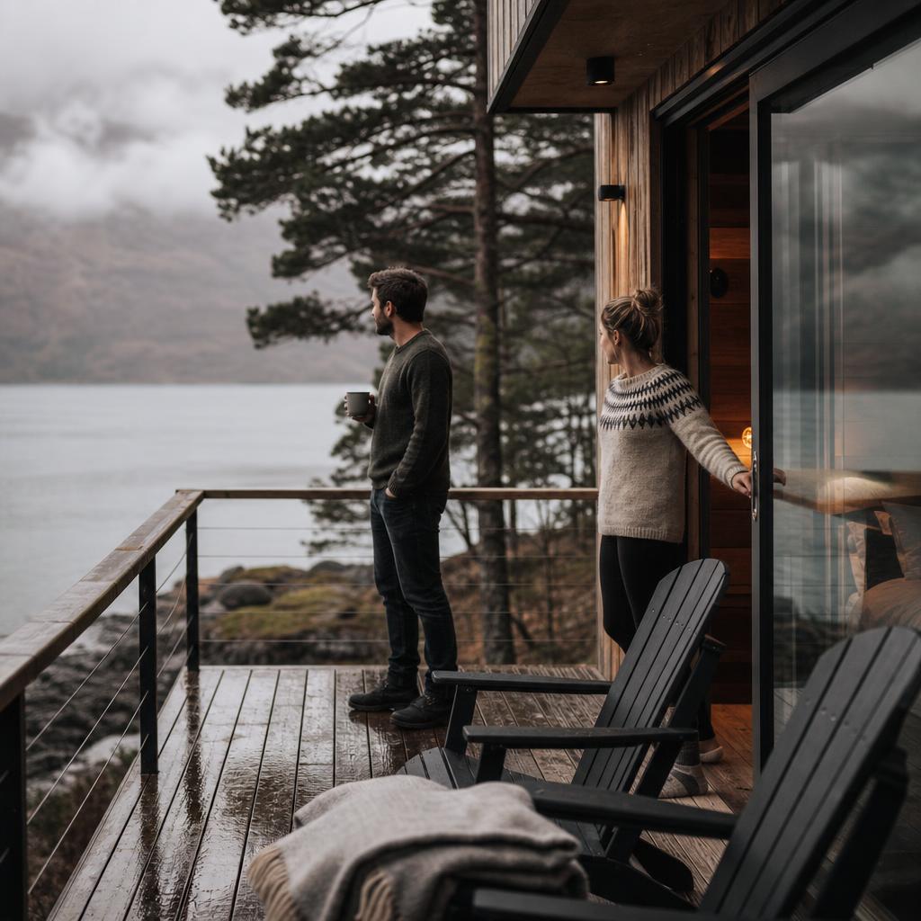 Couple on lodge deck overlooking a misty loch