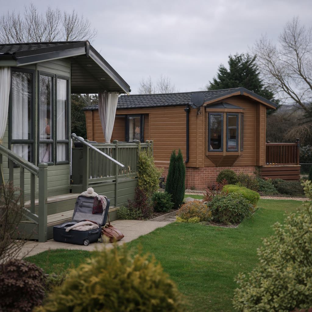 Timber lodge and residential park home side by side