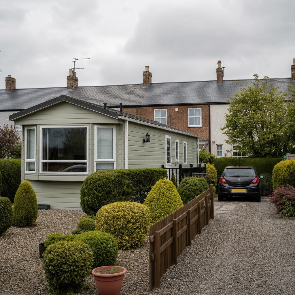 Park home beside a traditional UK house