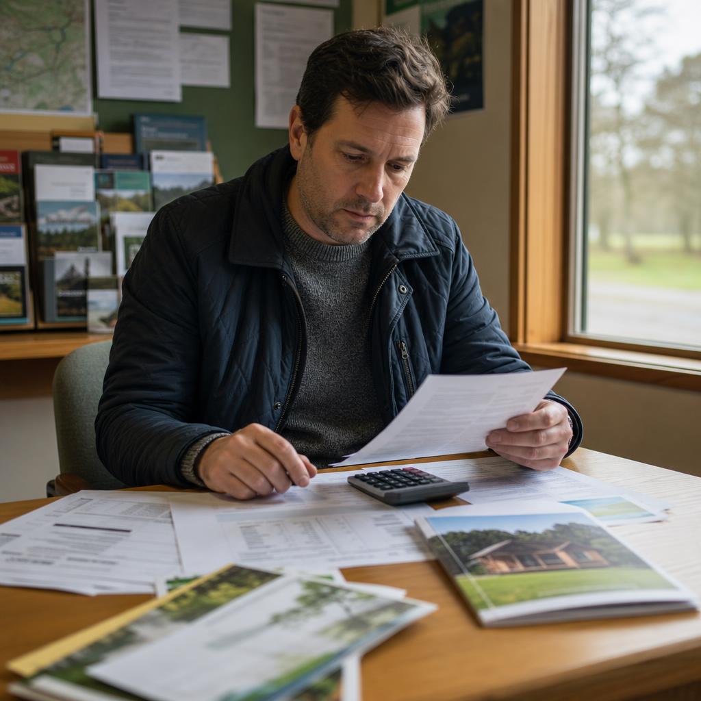 Buyer reviewing lodge costs and bills at table