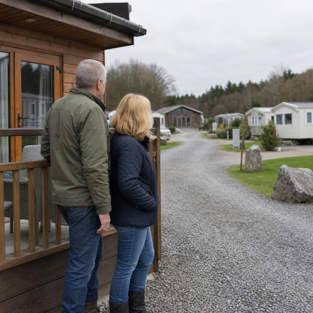 Couple inspecting a lodge and holiday park layout