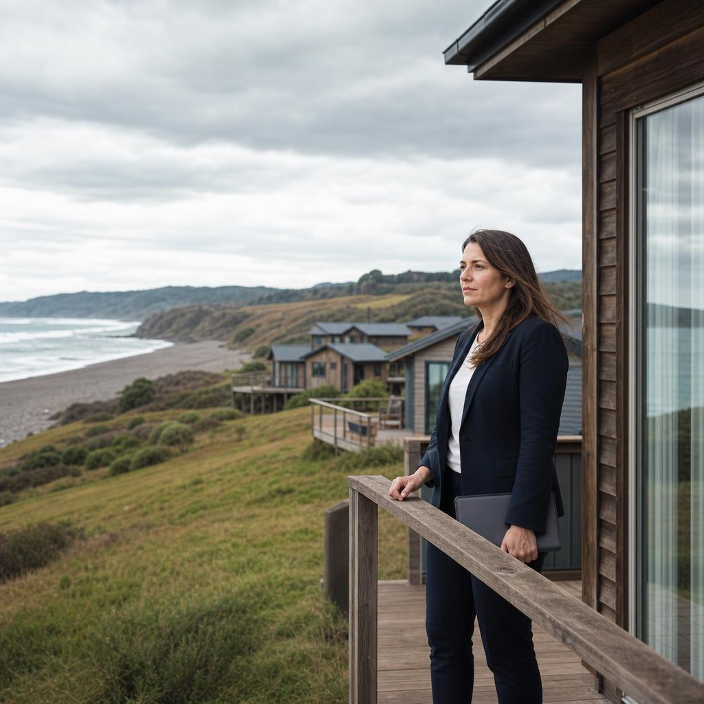 Timber lodge overlooking coastal park and cabins